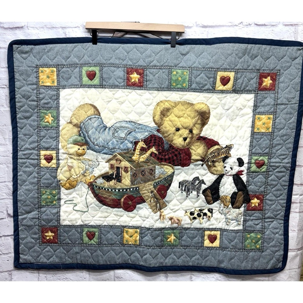 Blue Jean Teddy Bear Crib Quilt Comforter Noah's Ark Animals Y2K Vintage 90s